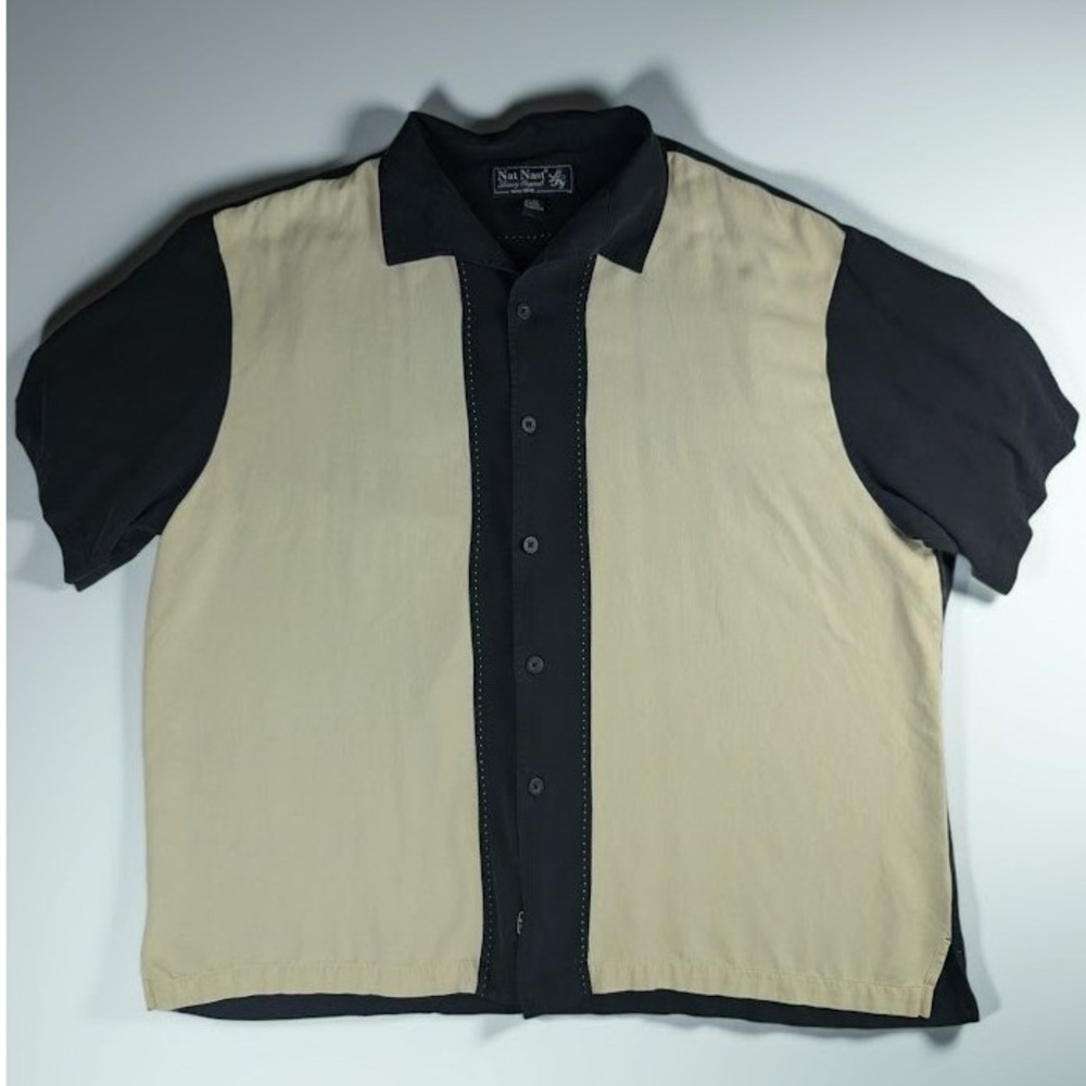 Nat Nast Flat Hem Silk Bowling Shirt XXL Black Cream Short Sleeve Camp Saprano